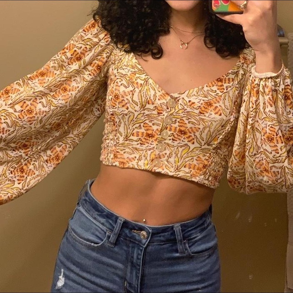Urban Outfitters Floral Puff Sleeve Peasant Boho Crop Top Size Small